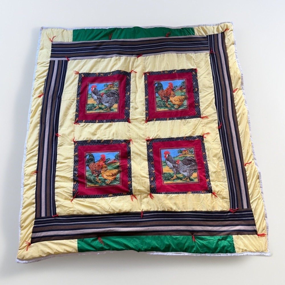Chickens Panel Handmade Throw Quilt Patchwork Hand tied  64" X 72"